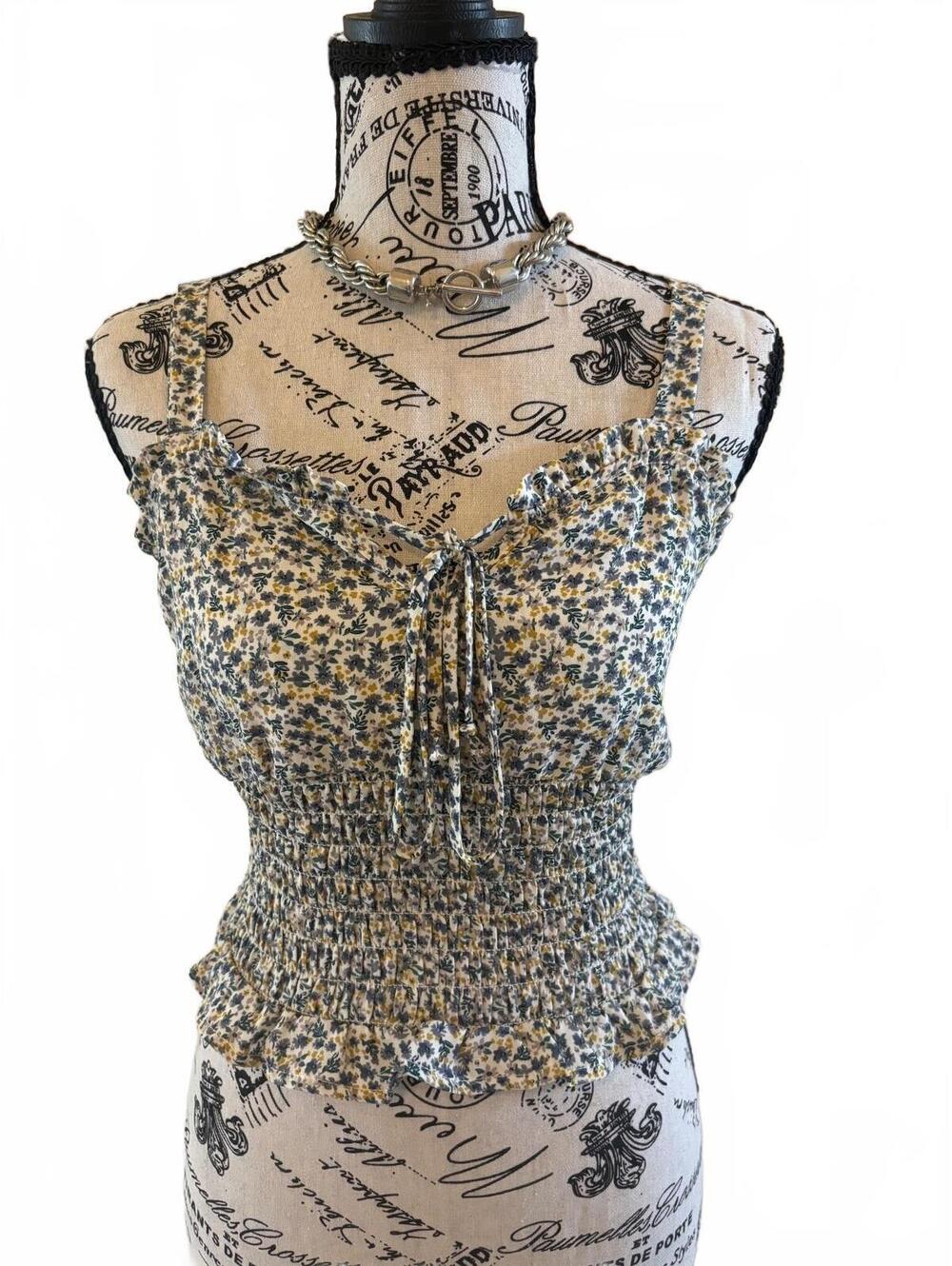 Coquette Cottagecore Floral Smocked Tie Front Crop Top Boho Size M